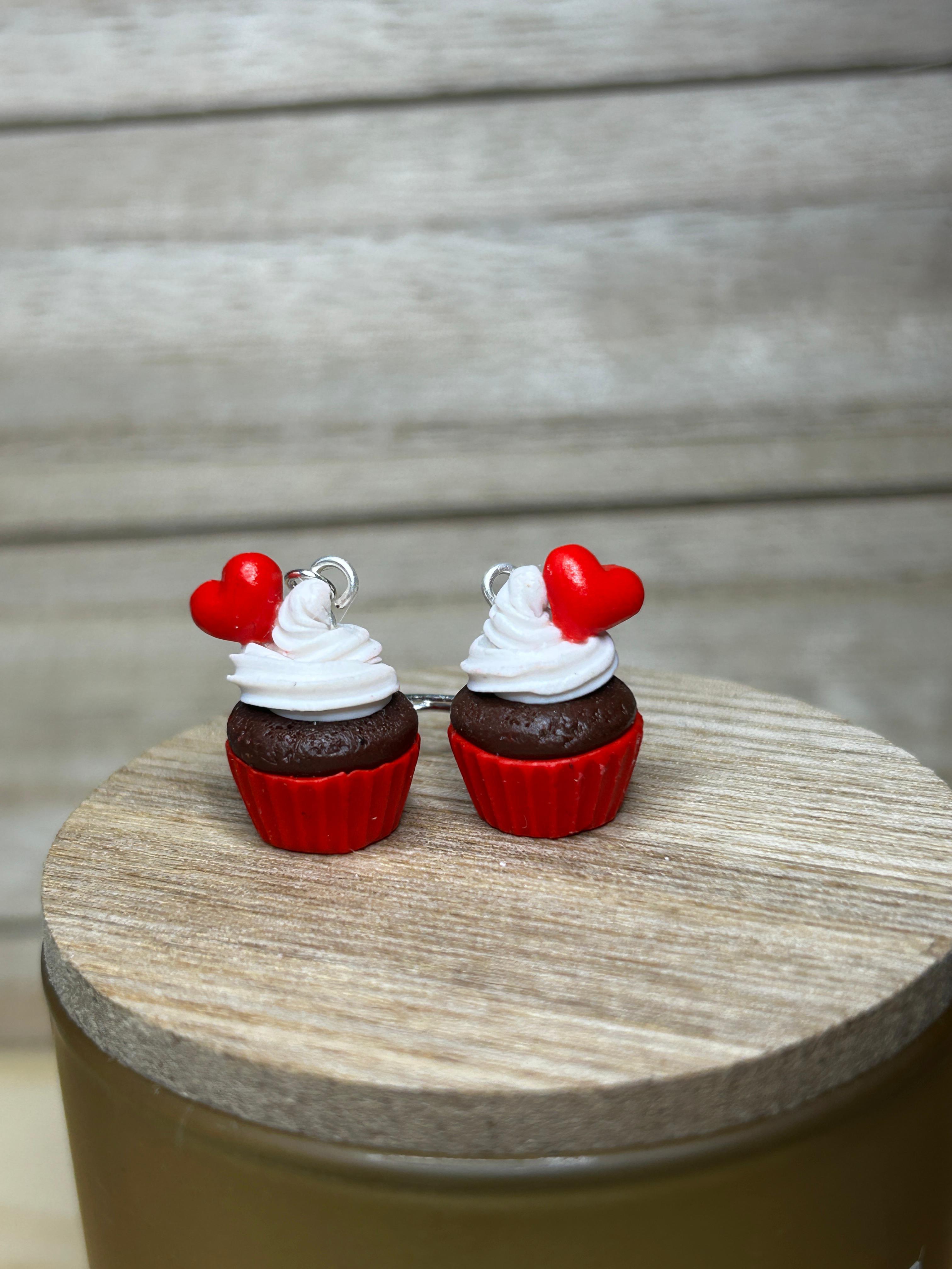 Valentine’s Day Chocolate Cupcake Earrings – Sweet Whipped Cream & Heart Top