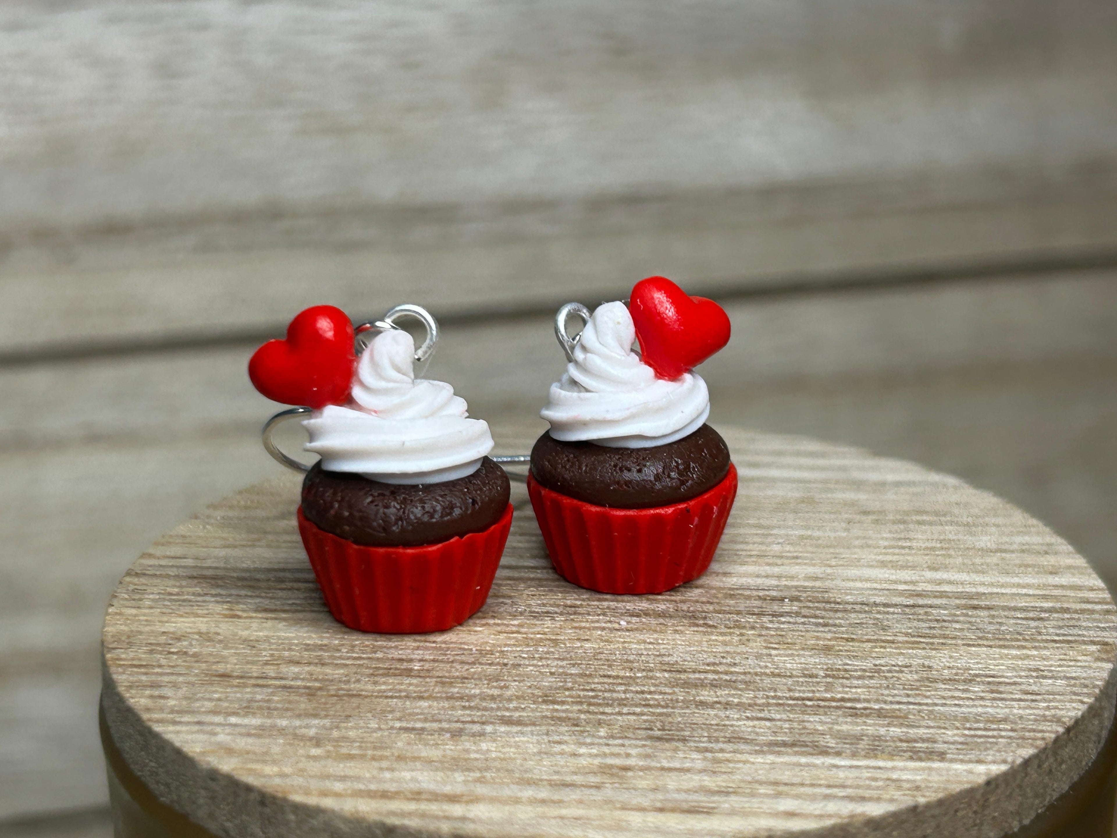 Valentine’s Day Chocolate Cupcake Earrings – Sweet Whipped Cream & Heart Top